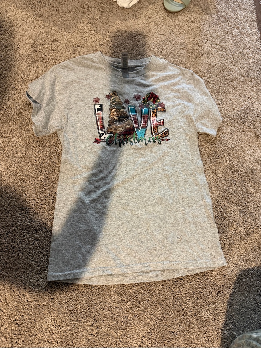 Hanes Gray Short Sleeve Tee with Multicolor 'Love Christmas' Graphic